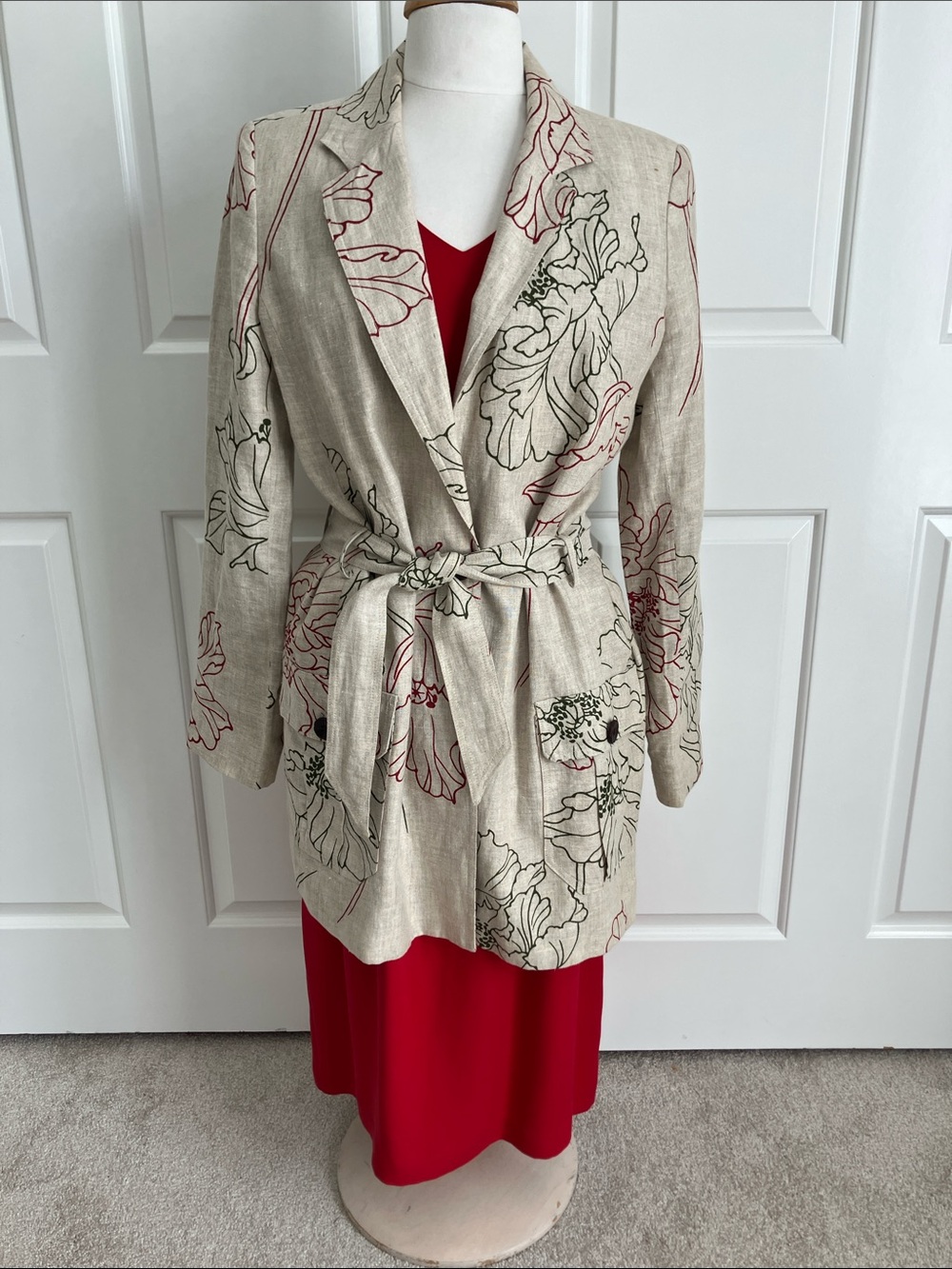 Women’s Linen Floral Belted Midi Dress - Red and Beige